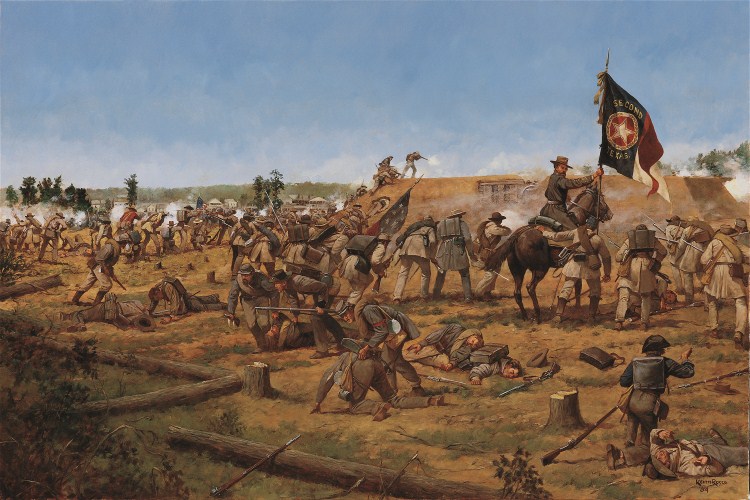 Painting by artist Keith Rocco depicting Colonel William P. Rogers leading the attack on Battery Robinett at Corinth - www.keithrocco.com