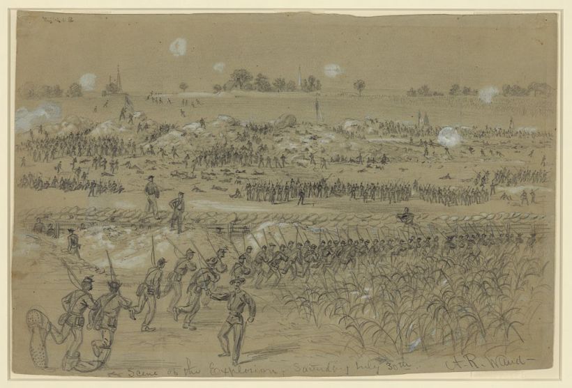 Artist Alfred Waud sketched this illustration of the fighting on July 30th after the detonation of the mine under the Confederate lines - Library of Congress