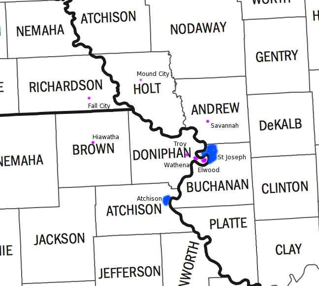 Map of the Missouri/Kansas Border where Joseph Tribble grew up - He was born in Andrew County, Missouri, but his family moved to Doniphan County, Kansas between 1850 and 1860